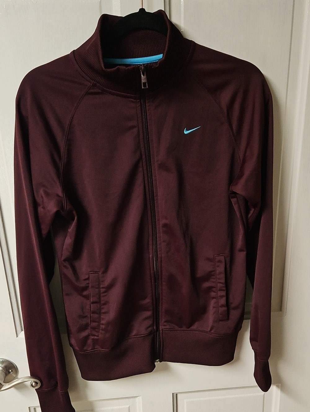 Nike Men's Burgundy Full-Zip Track Jacket with Blue Swoosh